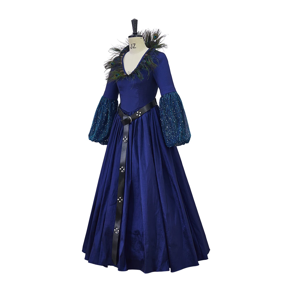 Movie Malvina Monroe Cosplay Costume Women's Blue Peacock Feather Collar Dress Halloween Carnival Party Evil Queen Robe