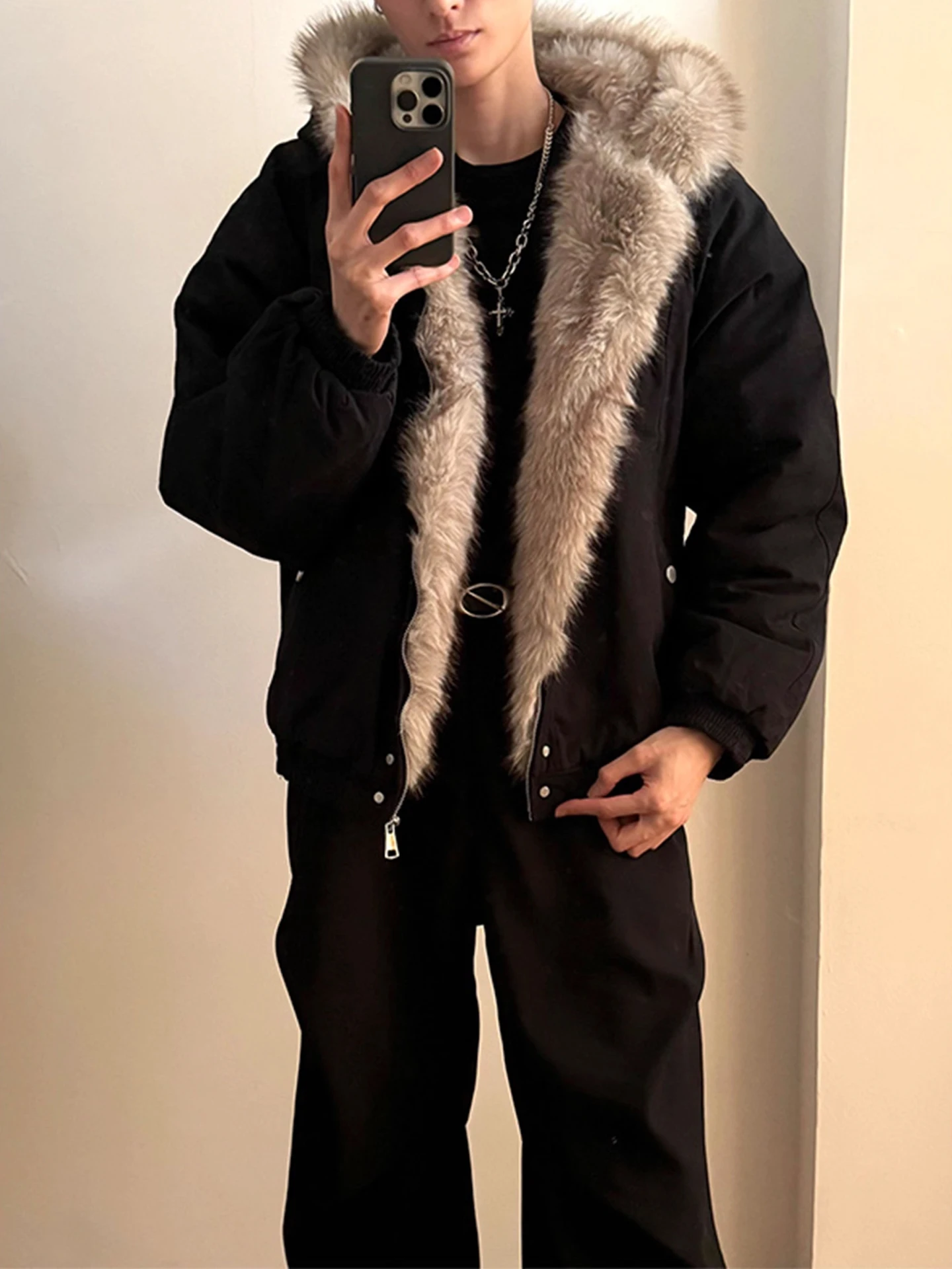 

Warmth Thiened Winter Jaet Men's Cotton Coat with Hood Fur Collar Boxy Fit Cleanfit Sle Daily Wear Polyester Fiber