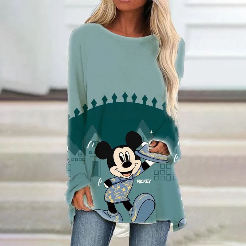 

Mickey Minnie cartoon autumn Harajuku new women's round neck loose long-sleeved T-shirt fashion casual shoulder dress 2024