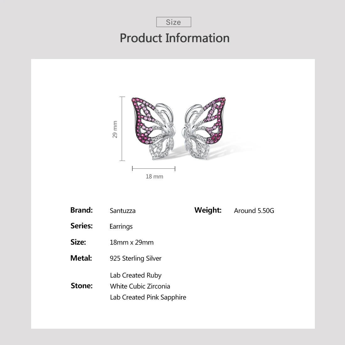 SANTUZZA Real 925 Sterling Silver Stud Earrings For Women Sparkling White CZ Pink And Red Butterfly Elegant Cute Fine Jewelry