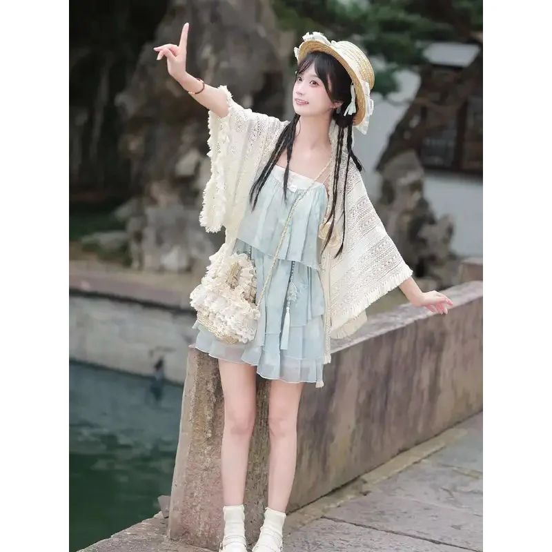 

New Chinese Style Sea Salt Girl Hanfu Female Women Improve Guofeng Daily Sweet Suspenders Dress Suit Summer Skirt Shawl
