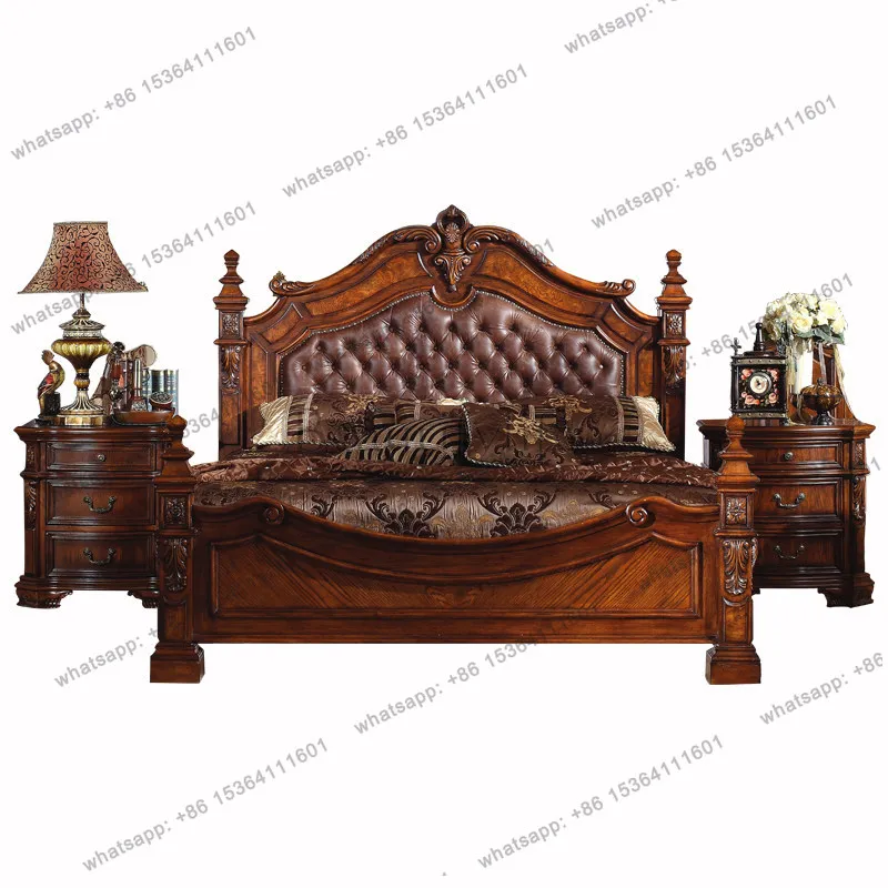 American solid wood European-style villa leather queen bed antique bedroom high-end bedside table matching furniture