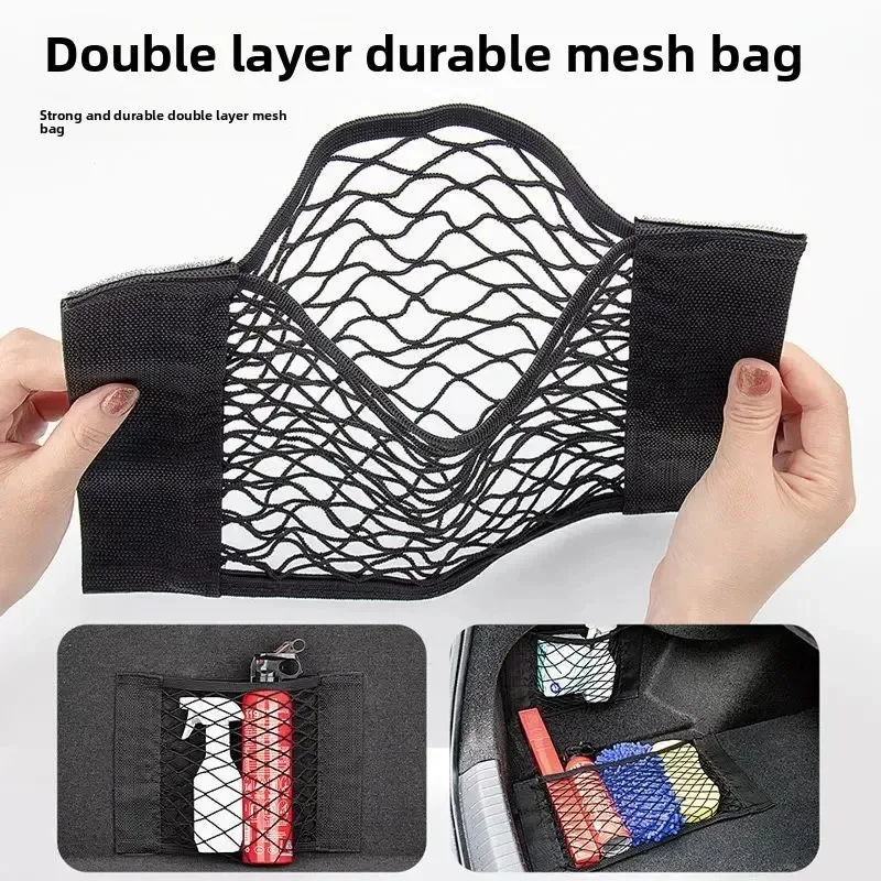 Universal Car Trunk Storage Bag Mesh Elastic String Net Rear Seat Back Magic Sticker Automotive Interior Organization Pocket