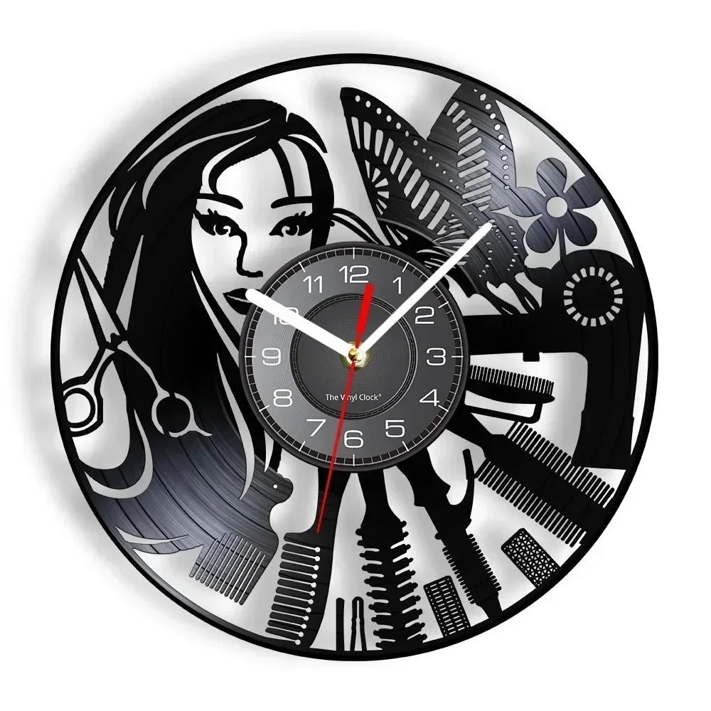 Hairdressing Beauty Salon Design Vinyl Record Clock Watch Barber Shop Wall Decor Barber Shop Sign Silent Haircutting Wall Clock