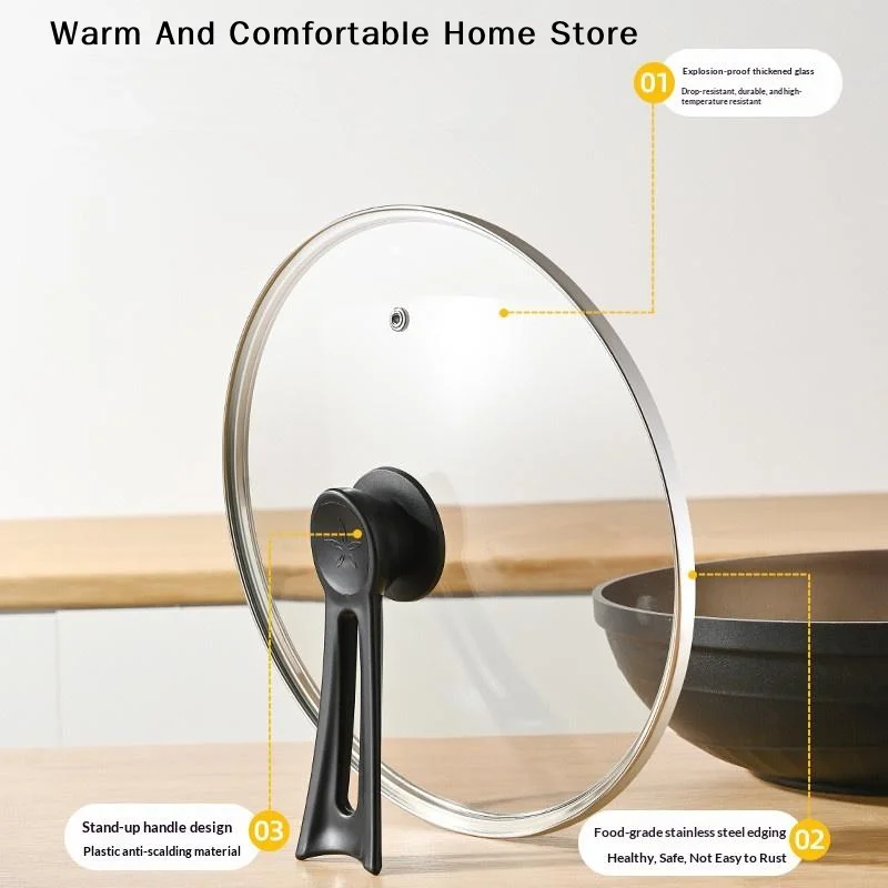 【W】Tempered Glass Round Frying Pan Cover Visible Vertical Lid Pot Lid Cookware Parts Kitchen Accessories 14-34cm