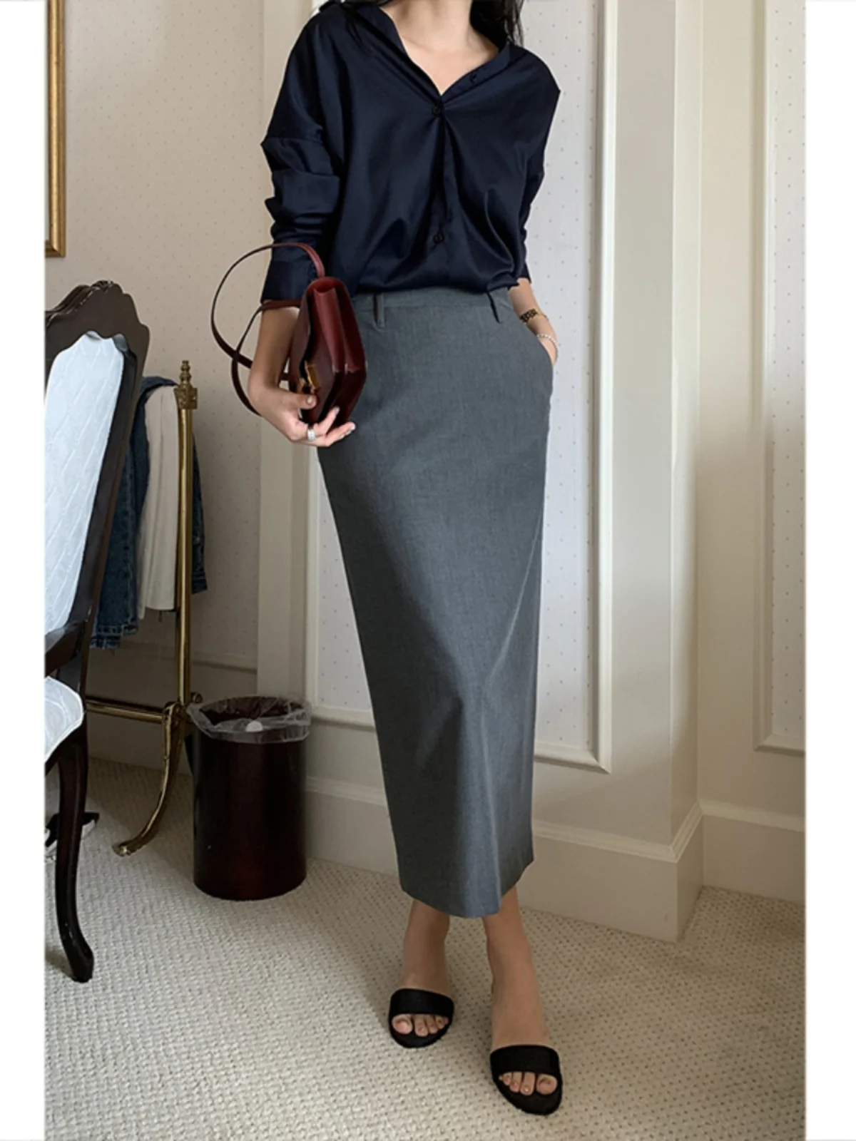 Gray Straight Cut Half-length Women's Skirt High-waist Korean Style Bodycon  Dress Slimming Polyurethane Fiber Skirt