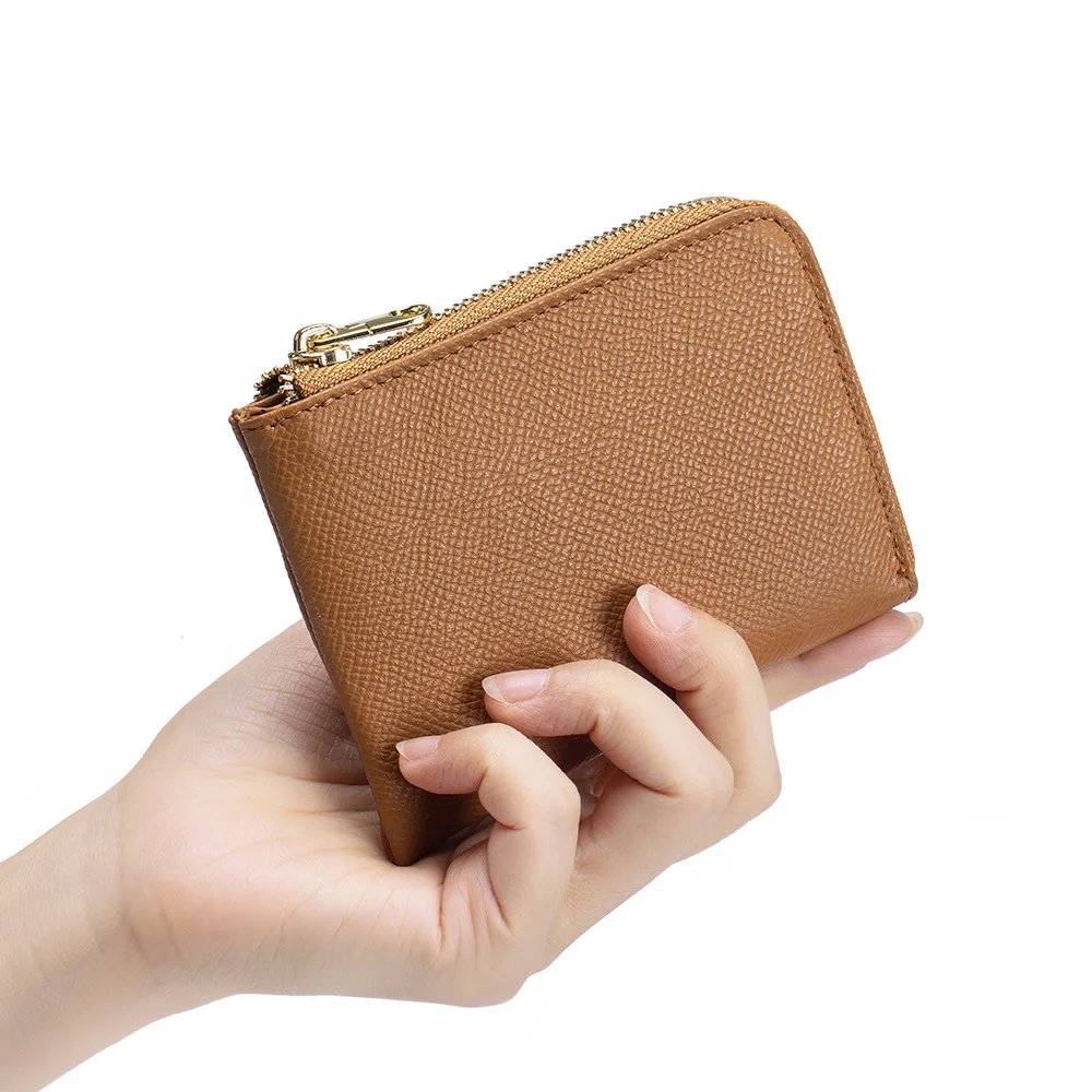 Compact L‑Shape Zipper Real Leather Coin Purse Multiple Card Slots Small Wallet for Cash Card Coins Storage Holder