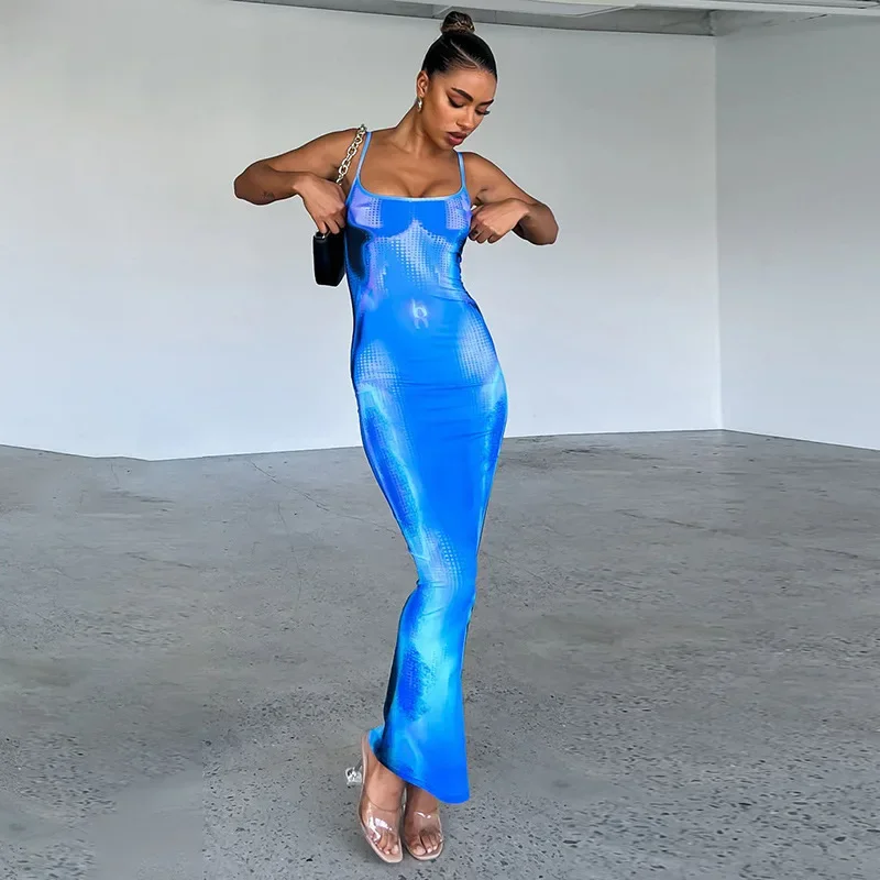 Letnia sukienka bez rękawów Y2K Print Beach Vacation Maxi Dress Outfits Bodycon Women Tie Dye Backless Long Dresses Vestido Streetwear New