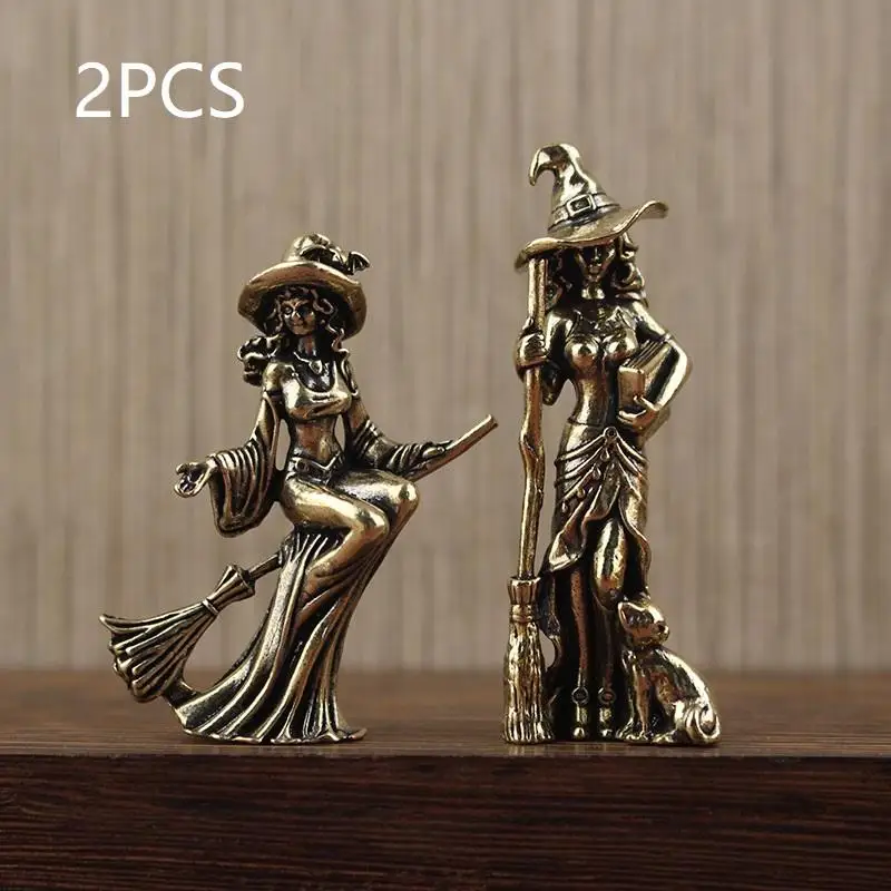 Brass Magic Witch Figurines Miniatures Desktop Ornaments: 2PCS/SET Retro Metal Statue Home Decor Crafts