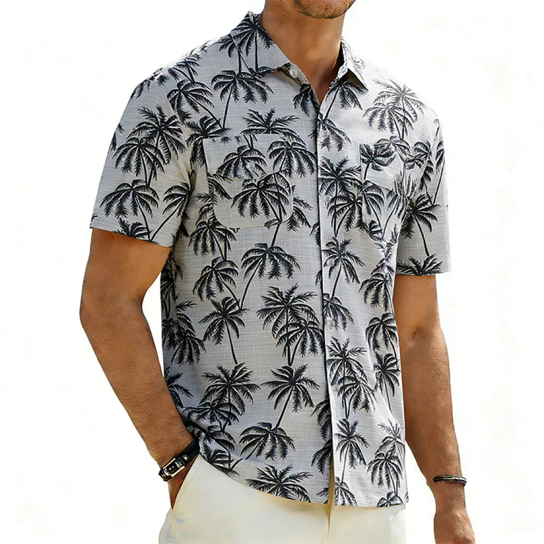 

New summer products American imitation hemp bamboo loose men's tooling Hawaiian casual short-sleeved shirt