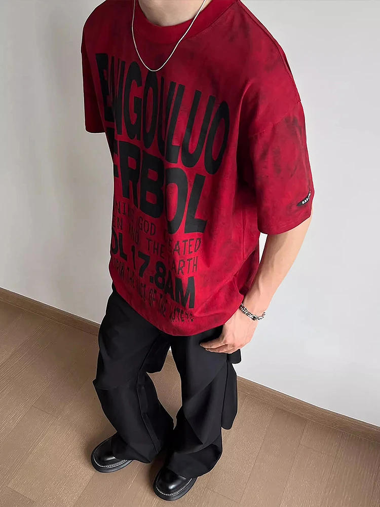 

Мужская футболка из плотного хлопка цвета красного вина, с эффектом тай-дай, модная летняя, дышащая...