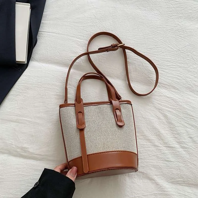 Canvas contrasting small bucket bag, women's crossbody bag, handbag, shoulder bag