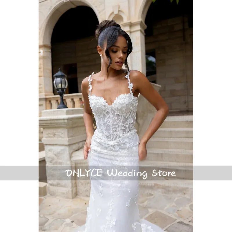 Fancy Sweetheart Wedding Dress Bridal Spaghetti Strap Lace Appliques Zipper with Button Mermaid Vestidos Customised