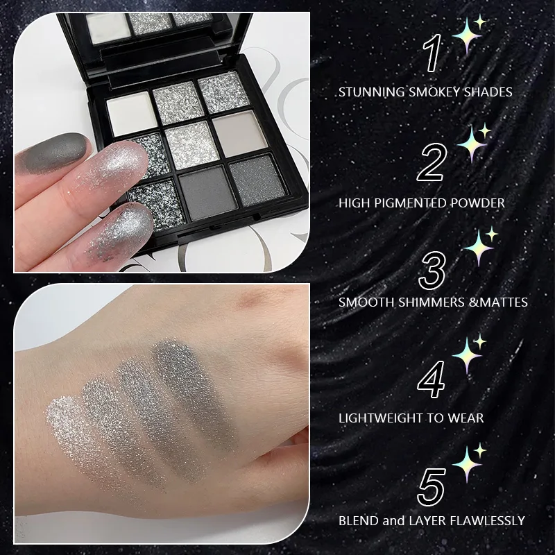 Paleta de sombras de ojos ahumadas de 9 tonos, gris oscuro, mate blanco-gris, tonos brillantes, acabado natural suave, maquillaje de festival, mate perla