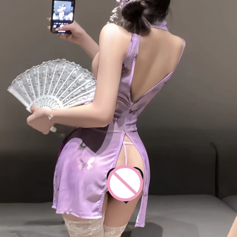 Exposed Flirtatious Backless Sexy Chinese Style Purple Cheongsam High Slit Tie Lace Up Sexy Lingerie Hot Seductive Uniform Skirt view 5