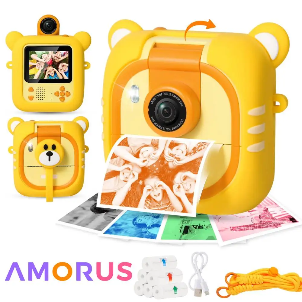 キッズカメラ-インスタントプリント-7枚印刷用紙-24インチ画面-インスタントカメラ-1080p-180-°-フリップレンズ-カラフルな写真印刷-ビデオレコーダー