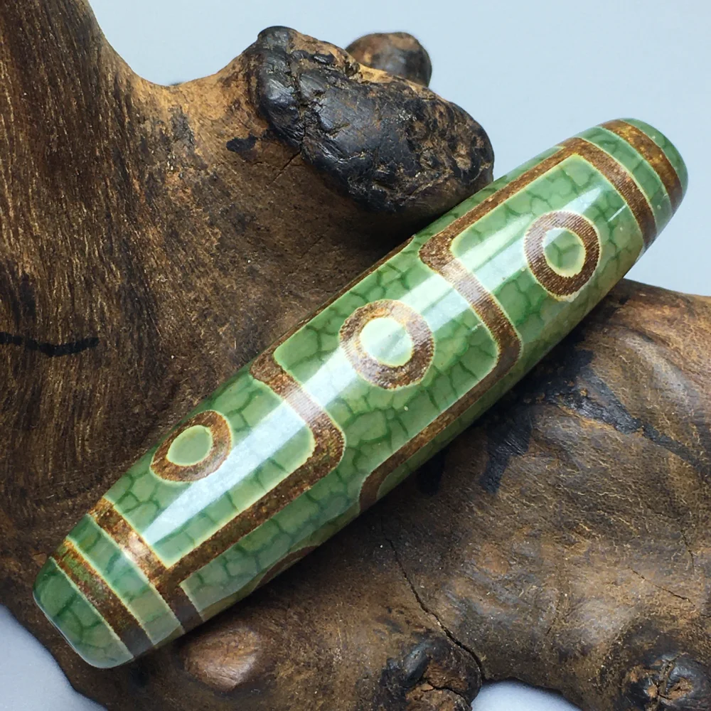 Tibetan Old Mine Green 9-Eye Dzi Bead Agate Pendant Necklace Antique Raw Stone Amulet Talisman Curio Collectible Jewelry