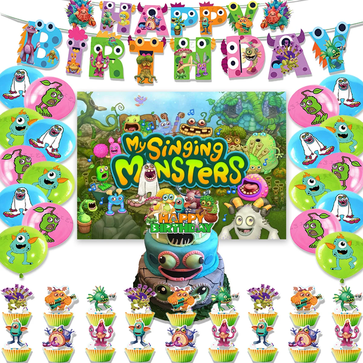 

Umi My Singing Monster Birthday Party Supplies Decor Music Game Banner Backdrop Cupcake Toppers Boys Kid Girl Boy Children Gifts