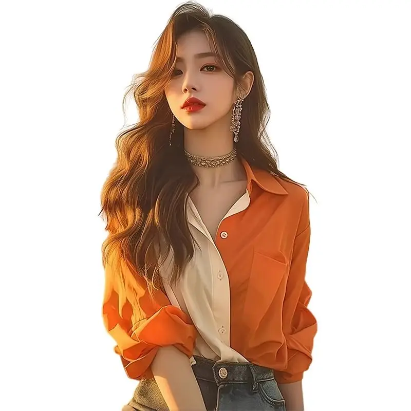 Color Block Long-sleeved Shirt and Shirt for Women 2025 New Early Autumn Retro Fashion Button Splicing Loose Top