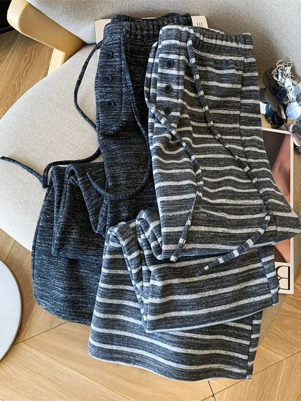 Pantalones Anchos Casuales de Cintura Alta con Forro para Mujer, Estilo Noodle de Arroz con Rayas, Estilo Nube, para Otoño e Invierno