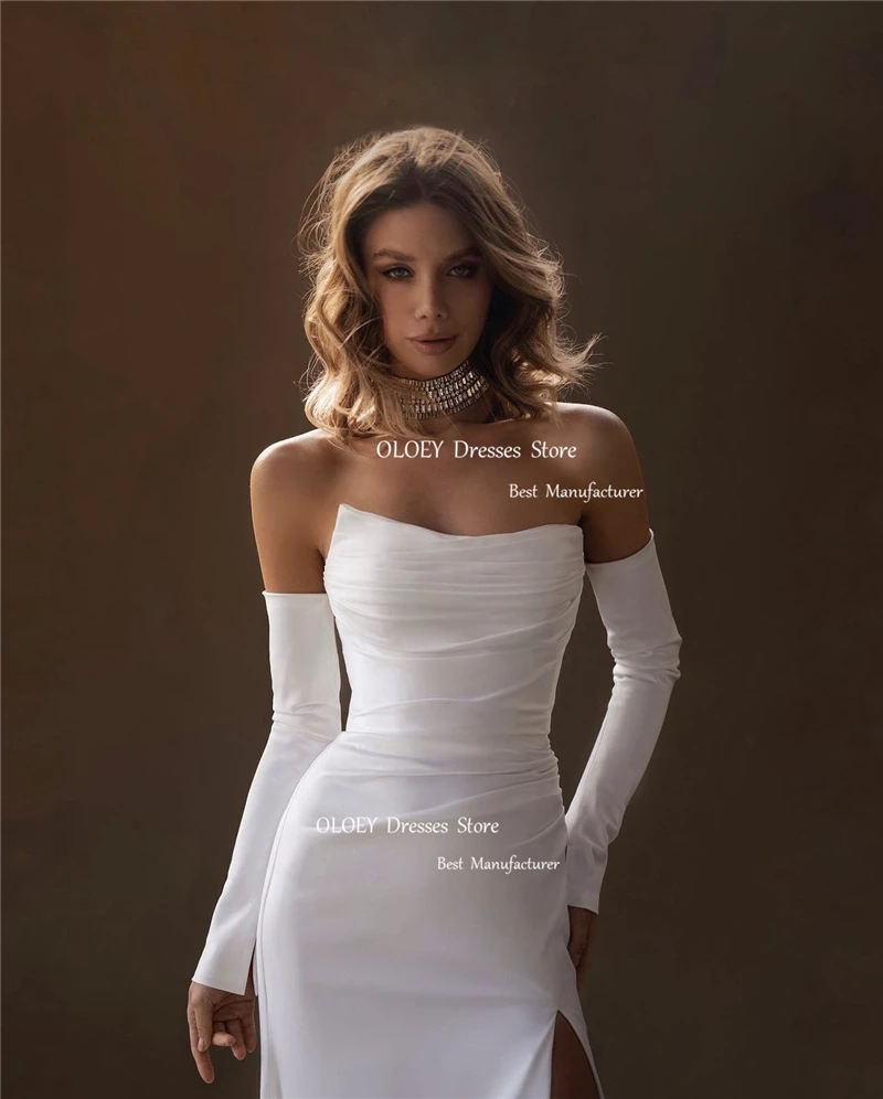 OLOEY Sexy Simple Satin A Line Wedding Dresses Strapless Split Separate Sleeves Dubai Arabia Bridal Gowns Formal Party Dress