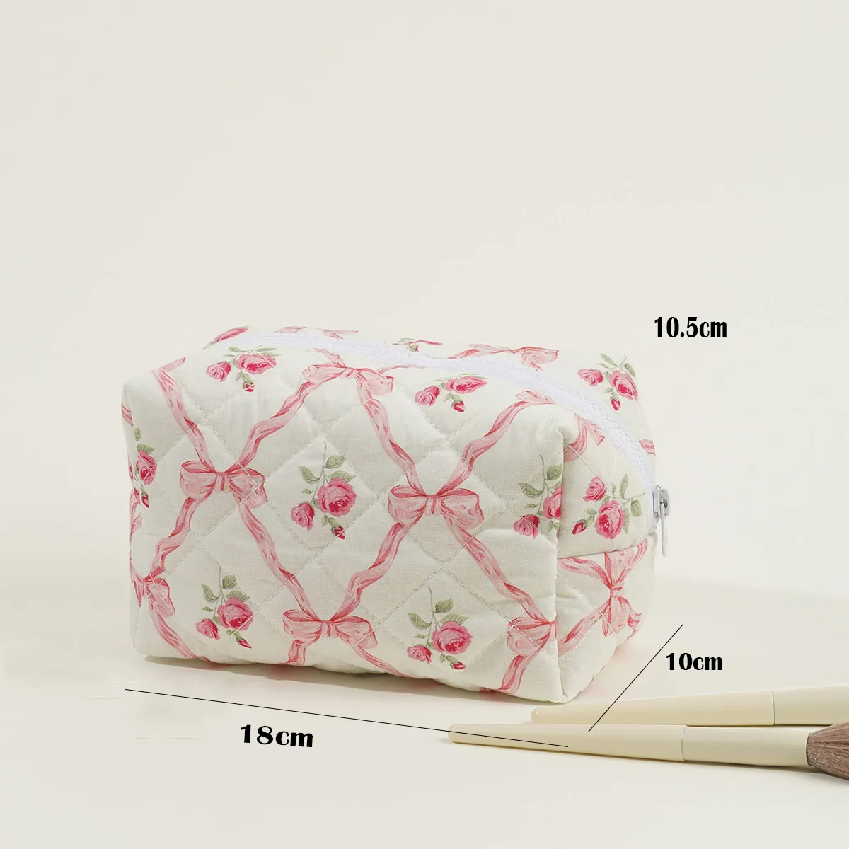 Cotton Quilted Makeup Bag with Large Capacity Bow Print Rose Storage Wash Bag