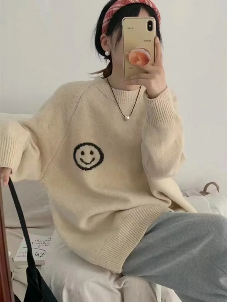 Sweaters Subtle Autumn Winter Pleasure College Style Loose Fashion Fitting Color Blocked Smiley Pullover Sweaters Knitted Women