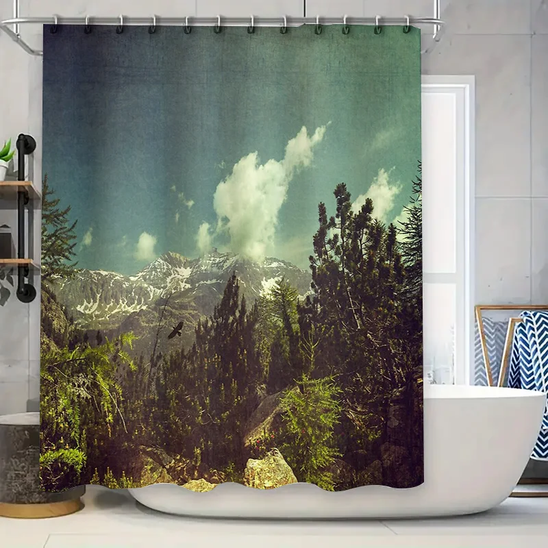 Cortina de ducha de paisaje de montaña, telón de fondo de bosque natural escénico, decoración de baño, cortina de ducha rústica de bosque, Vi Vintage para exteriores