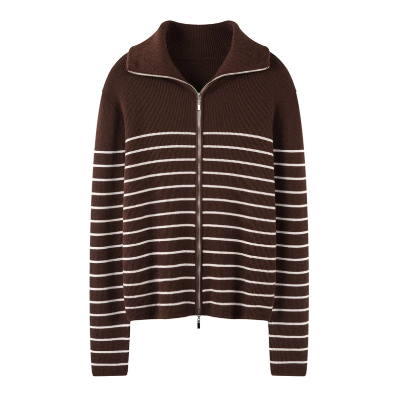 

New Women's 100% Pure Cashmere Cardigan Casual Knitted Sweater Slim Fit Collar Tops Stripe Jumper Zipper Swearcoat