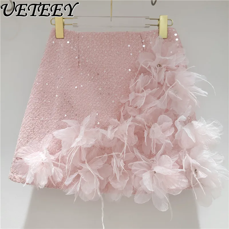 

2025 Autumn New Sweet Three-Dimensional Flower Sequins Skirts Elegant Slimming High Waist Niche Short Woolen Skirt Trendy