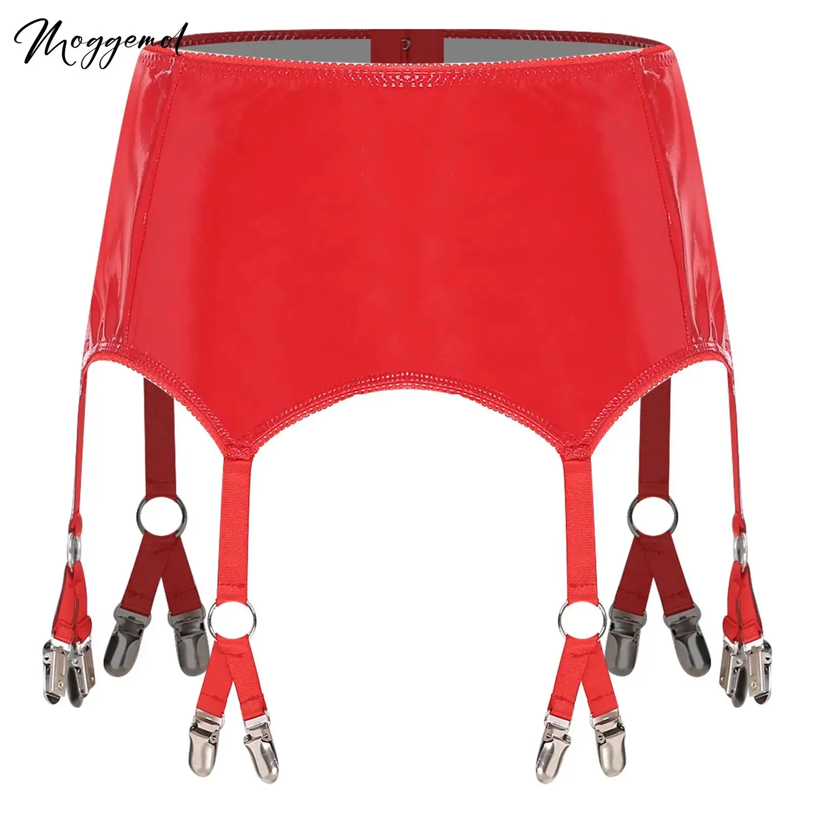 

Womens Glossy Patent Leather Garter Belt Mini Skirts Suspender Straps with Metal Clips Extra Miniskirt Waist Belt Clubwear