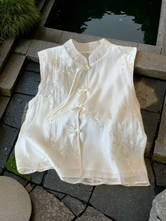 Nowa letnia moda w stylu chińskim ze stójką haftowana kamizelka wszechstronna koszula bez rękawów zmniejszająca wiek dla kobiet