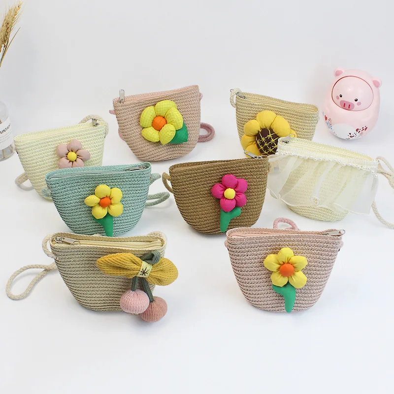 Cute Flower Children's Small Shoulder Bag Summer Baby Girls Straw Crossbody Bags Boys Kids Travel Coin Purse Accessories Handbag