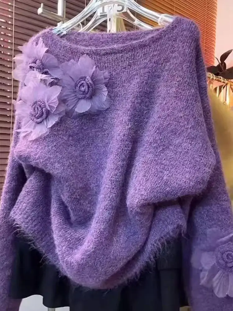 

Женский свободный вязаный свитер Thiened, новинка зимы, с 3D-цветочным узором, удобный, теплый, модный, повседневный, длинный...