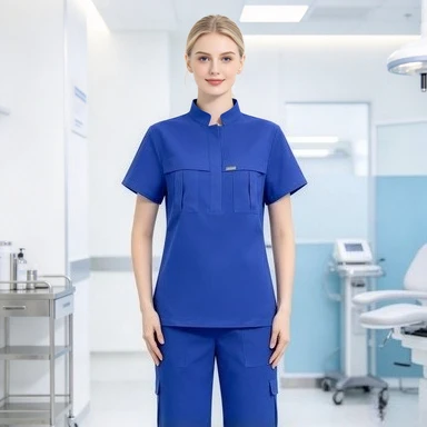 Fashionable Short Sleeve Stand Collar Casual Doctor Nurse Scrub Suit Solid Color Work Uniform Set