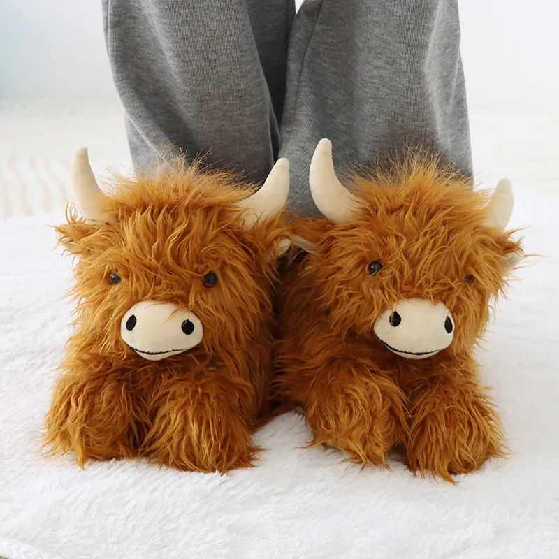 Highland Cow Winter Slippers Fluffy Highland Cattle Plush Slipper Soft Warm Home Indoor Cute Cartoon Furry Slides for Women Men