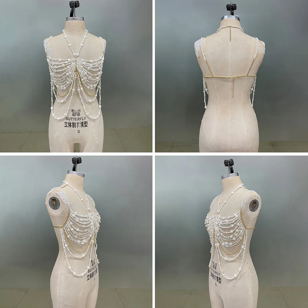 Baroque Irregular Pearls Hollow Out Multi-Layered Tassels Jewelry Body Bra Chain Top Beaded Bikini Bra