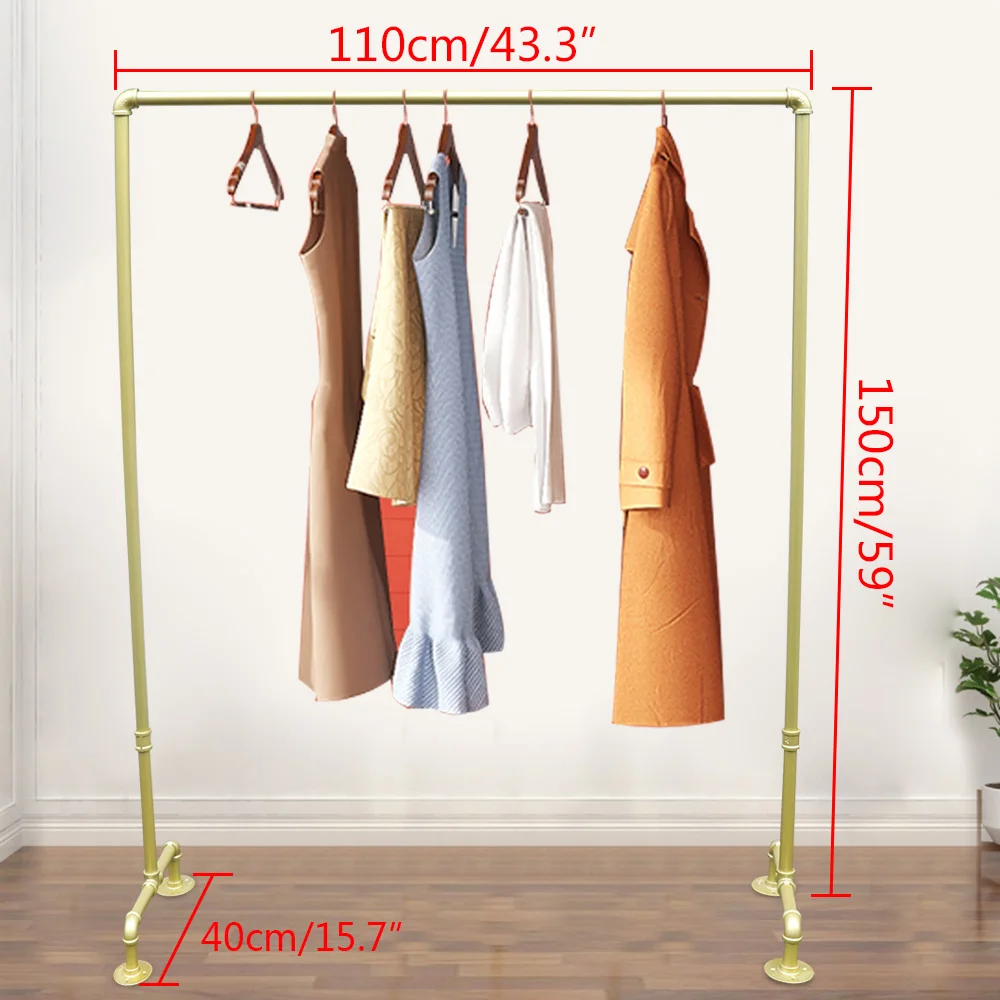 Gold Iron Industrial Pipe Clothing Rack Clothing Floor Garment Display Stand Clothes Hanger Organizer Rack for Home Stores