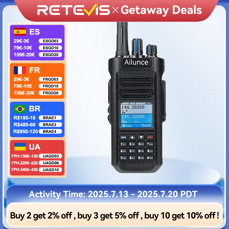 Retevis Ailunce HD2 Walkie Talkie DMR Radio UHF VHF Ham Radio IP67 Waterproof Long Range DMR Digital Radio Bluetooth