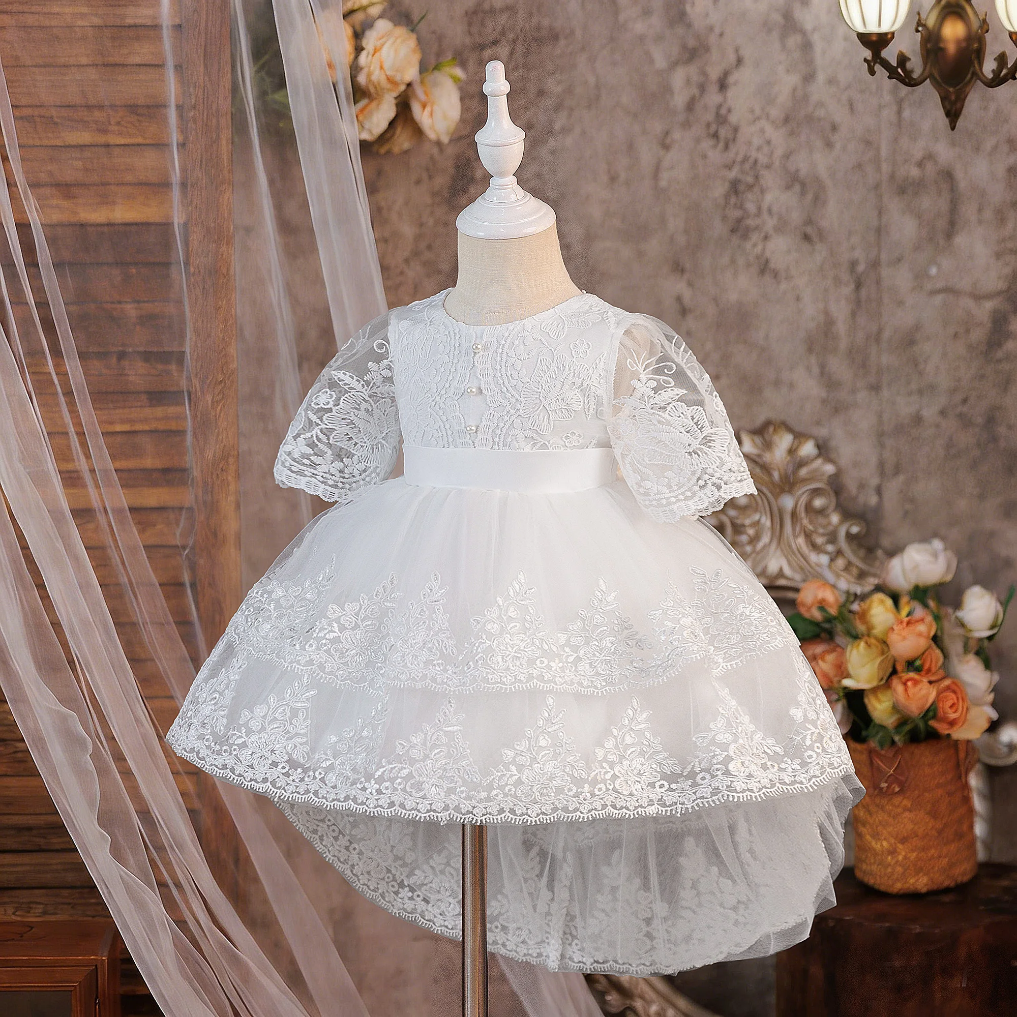 Kleinkind-Spitzenrock mit Schleppe, Mesh-Ballkleid, Elegantes Party-, Tauf-, Geburtstags-, Hochzeits-Prinzessinnenkleid, Mädchen-Brautjungfernkleid, Abschlussballkostüm – Detail 5