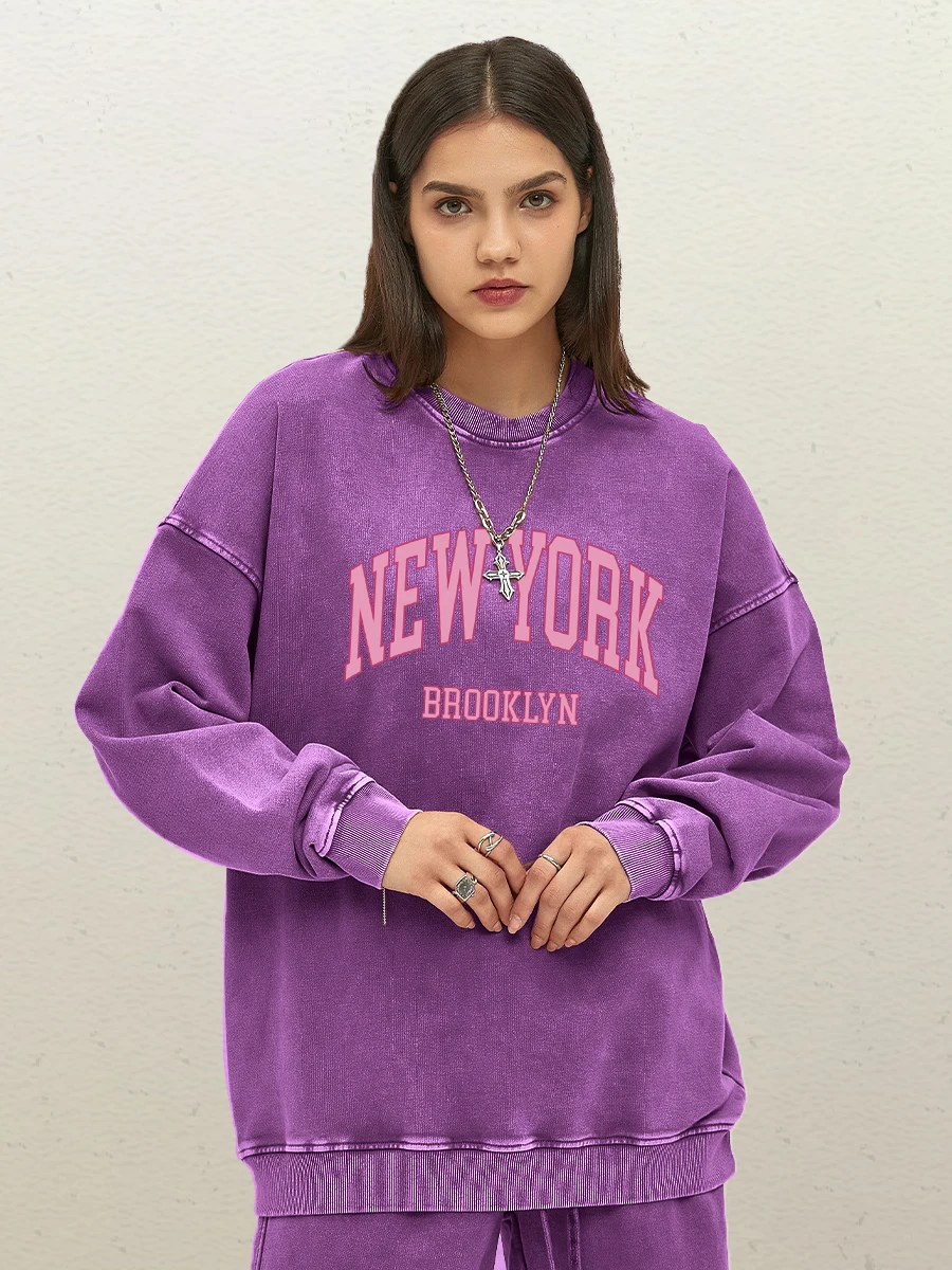 Pink Letter New York Brooklyn Printed Women Sweatshirt Fashion Washed Pullovers Loose Cotton Top Hip Hop Couple Female Clothing