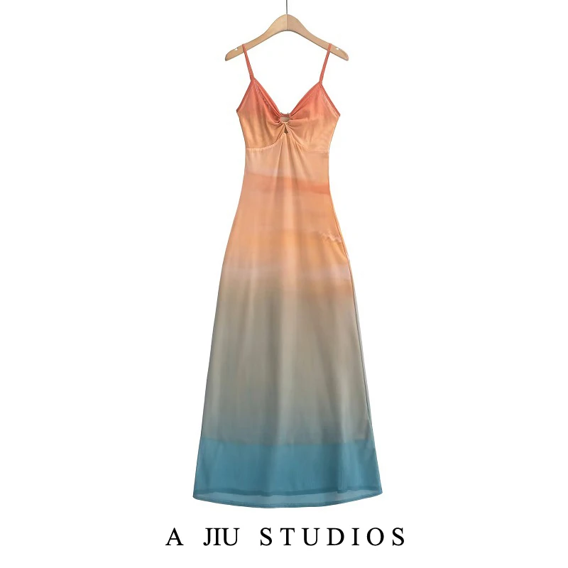 

Beach Vaion Sle adient Ombre Tie Dye с металлическим кольцом и низким вырезом, длинное женское платье с открытыми плечами и бретельками, летнее платье Pure Desire