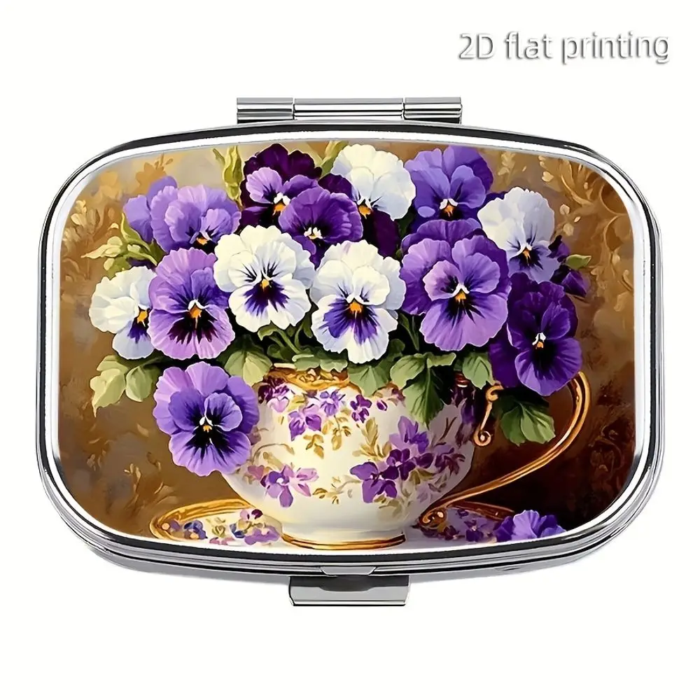 1pc Purple Flower Metal Pill Box, 2-Compartment, Pocket Wallet Travel Case, Perfect Gift