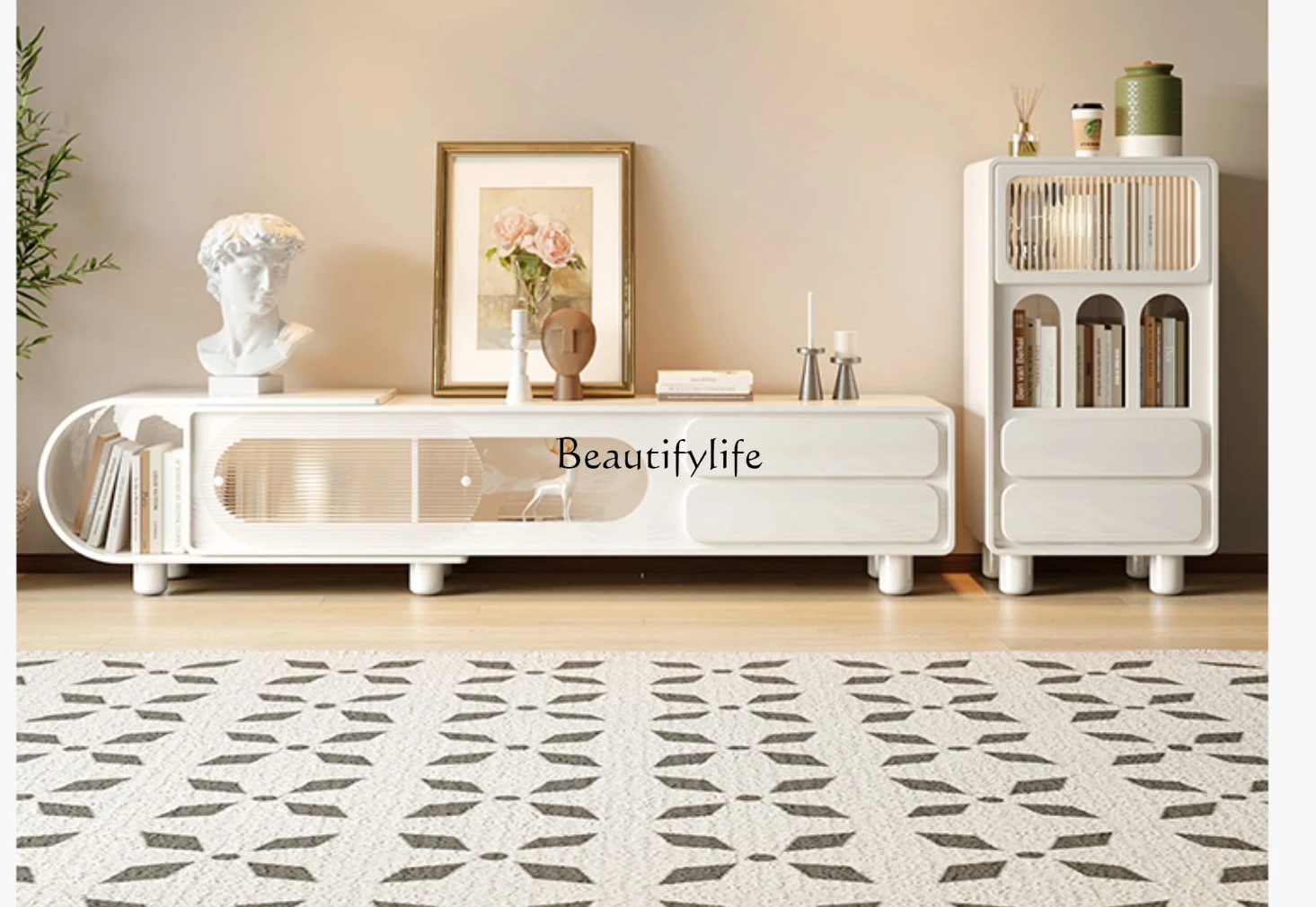 

13Retractable TV Cabinet Side Cabinet Combination Cream Style Modern Simple Home Storage