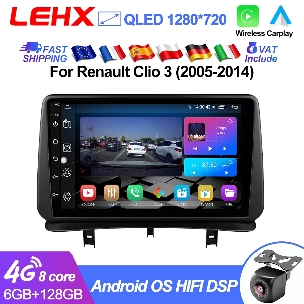 Autoradio LEHX L6PRO avec CarPlay sans fil et Android Auto pour Renault Clio 3 2005 2006 2007-2014 Lecteur multimédia Stéréo GPS 4G 2 Din