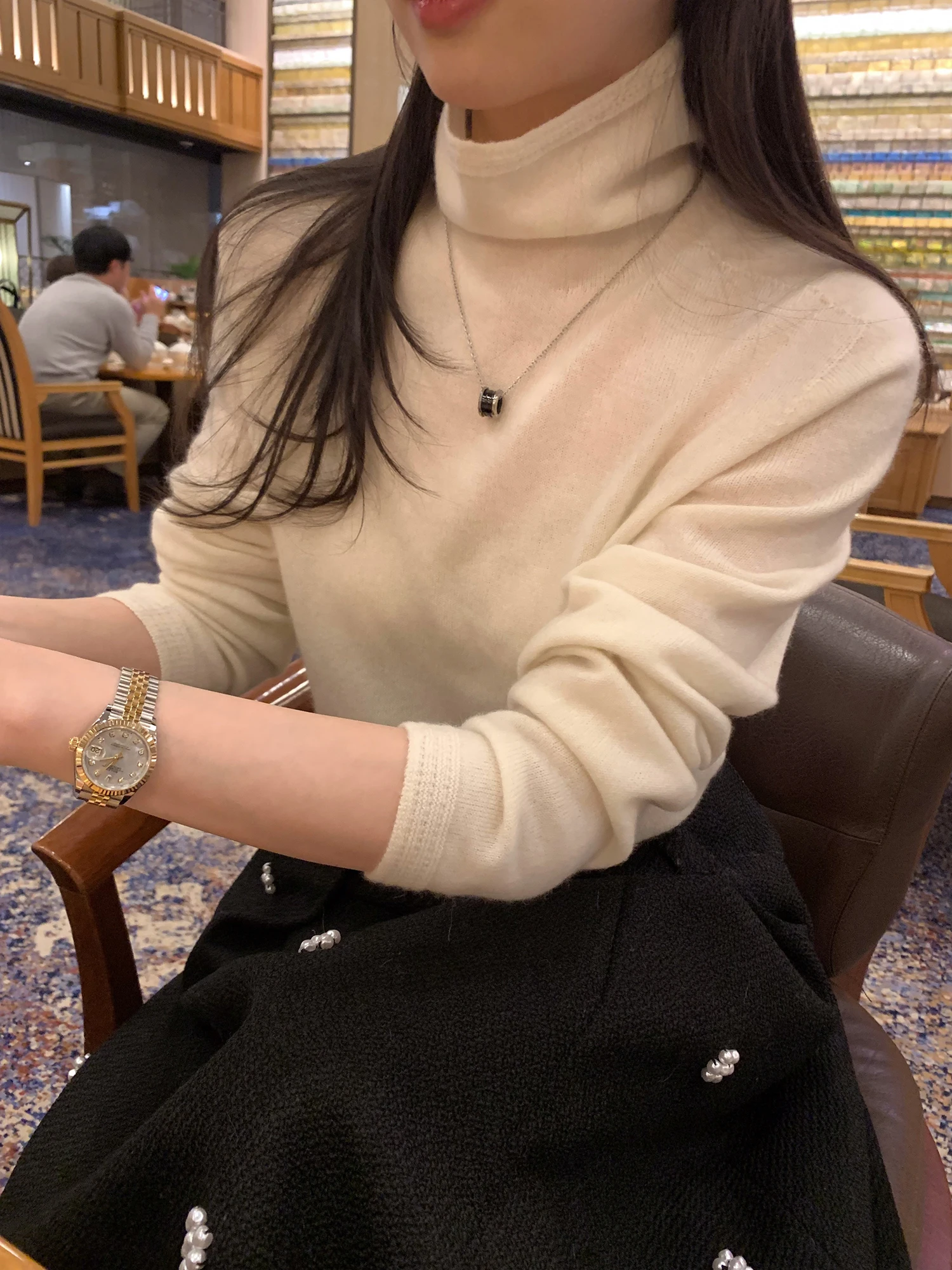 

LE LALIN Camere Knitted Base irt Women's High Collar Soft Gold Sl Yarn Casual Winter Warm Faion Top