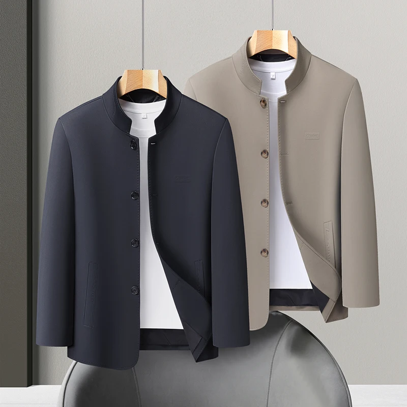Spring Autumn Men's High-Quality Notched Collar Parka - A Versatile Casual Business Shirt for Middle-aged and Elderly Men