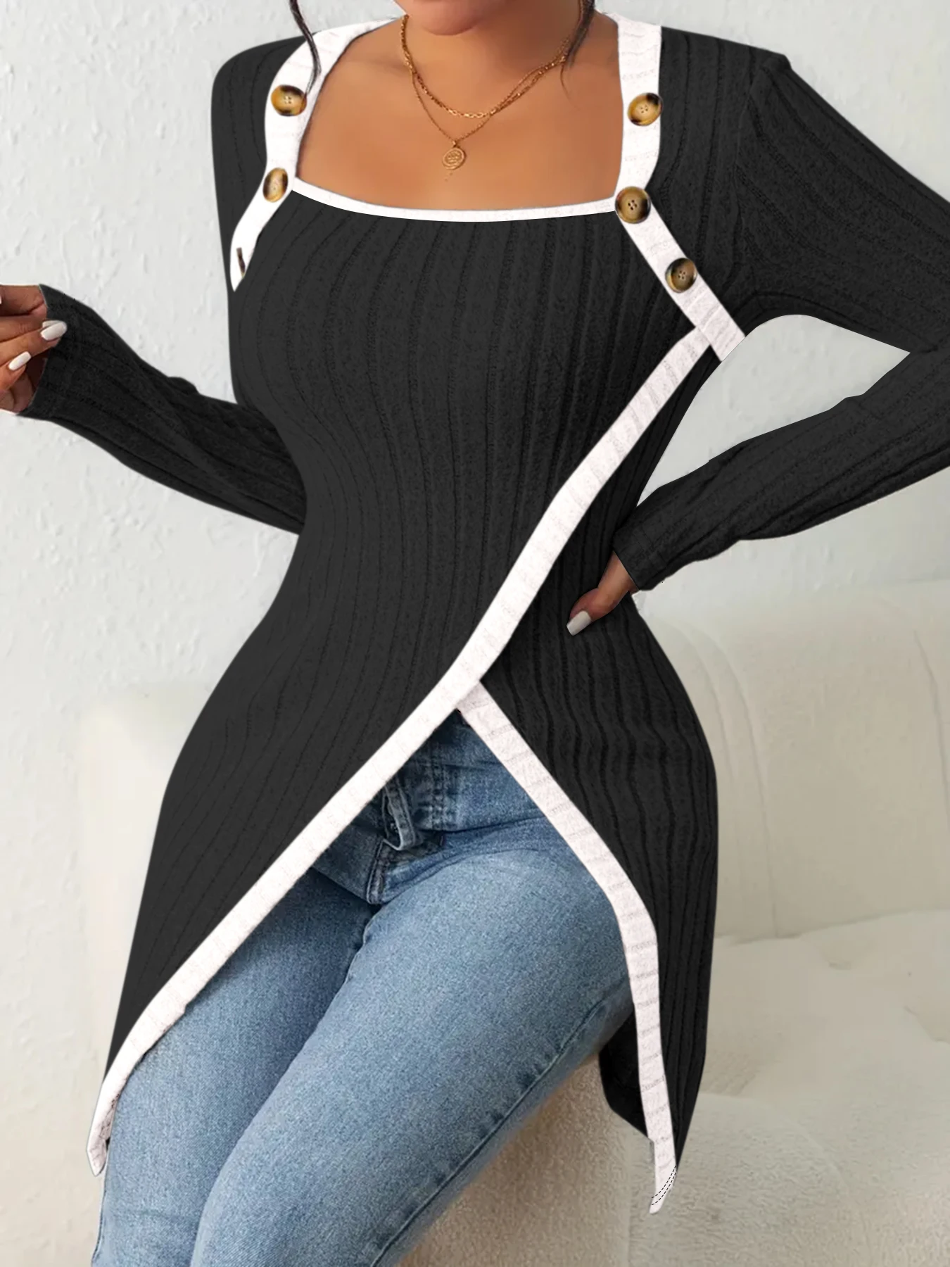 여성용 유로-아메리칸 스타일 스퀘어 넥 골지 니트 탑 - 긴 소매, 버튼 장식, 비대칭 밑단, 슬림핏 베이스 블라우스
