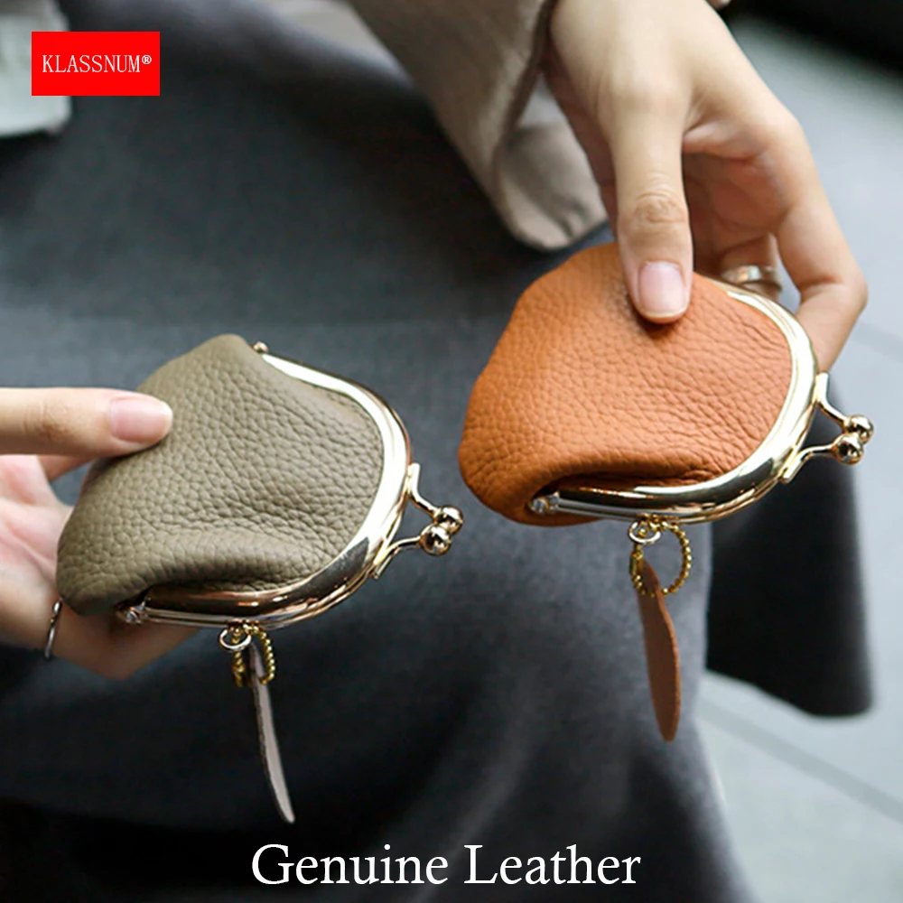 KLASSNUM Mini Genuine Leather Coin Purse Retro Buckle Kiss-Lock Wallet Luxury Pocket-Sized Small Trinket Organizer Wallet Ladies