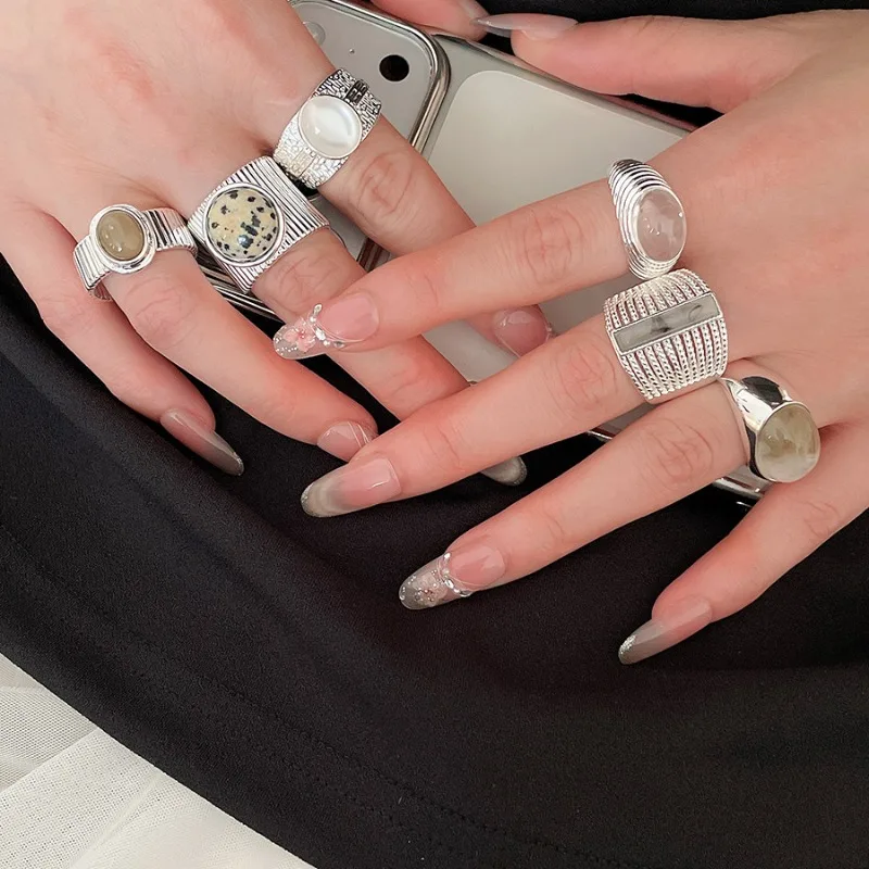 Minar Charming - Anillos de cóctel anchos ajustables con apertura geométrica de piedra natural con múltiples puntos para mujer, cobre chapado en plata